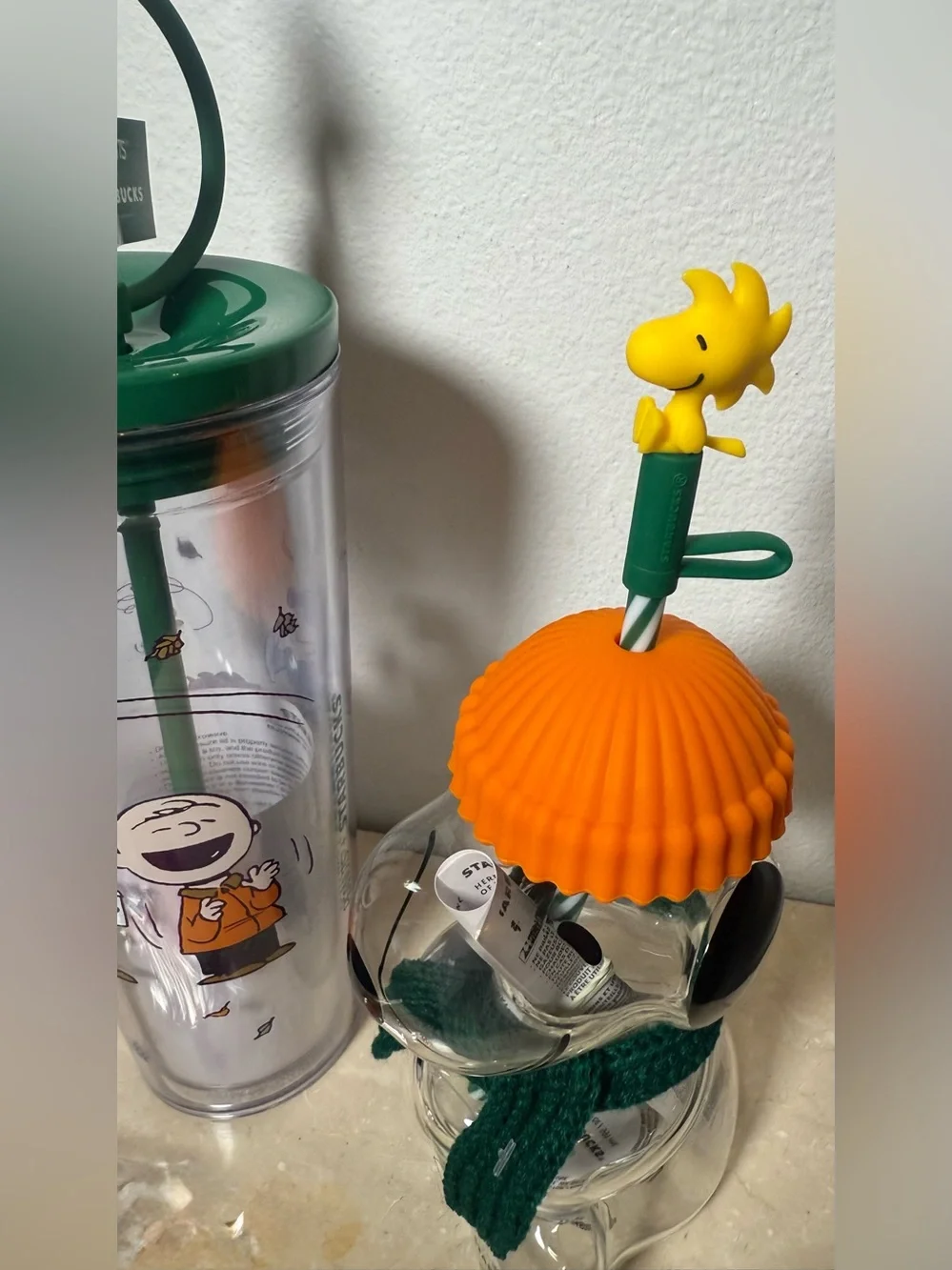(3 item)Starbucks cold cup glass Snoopy, Great Pumpkin 24oz timber and Pin set
